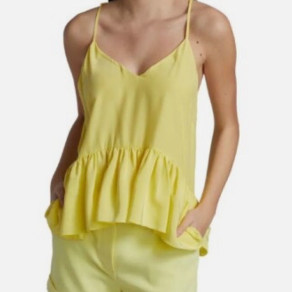 CINQ A SEPT Janet Ruffle Hem Silk Tank Yellow S
